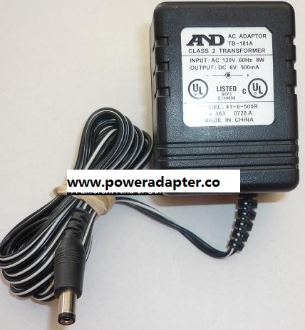 AND 41-6-500R AC ADAPTER 6VDC 500mA -(+) 2x5.5x9.4mm ROUND - Click Image to Close